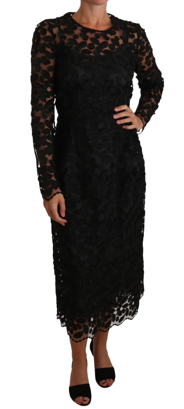 Black Floral Embroidered Midi Lace Dress