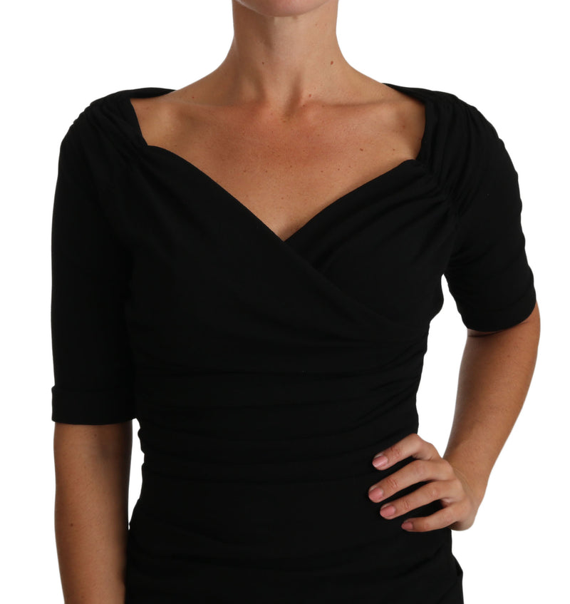 Black Ruched Wool Gown Stretch Dress
