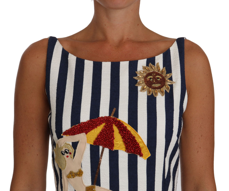 Blue White Striped Embroidered Beach Dress