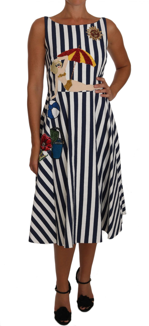 Blue White Striped Embroidered Beach Dress