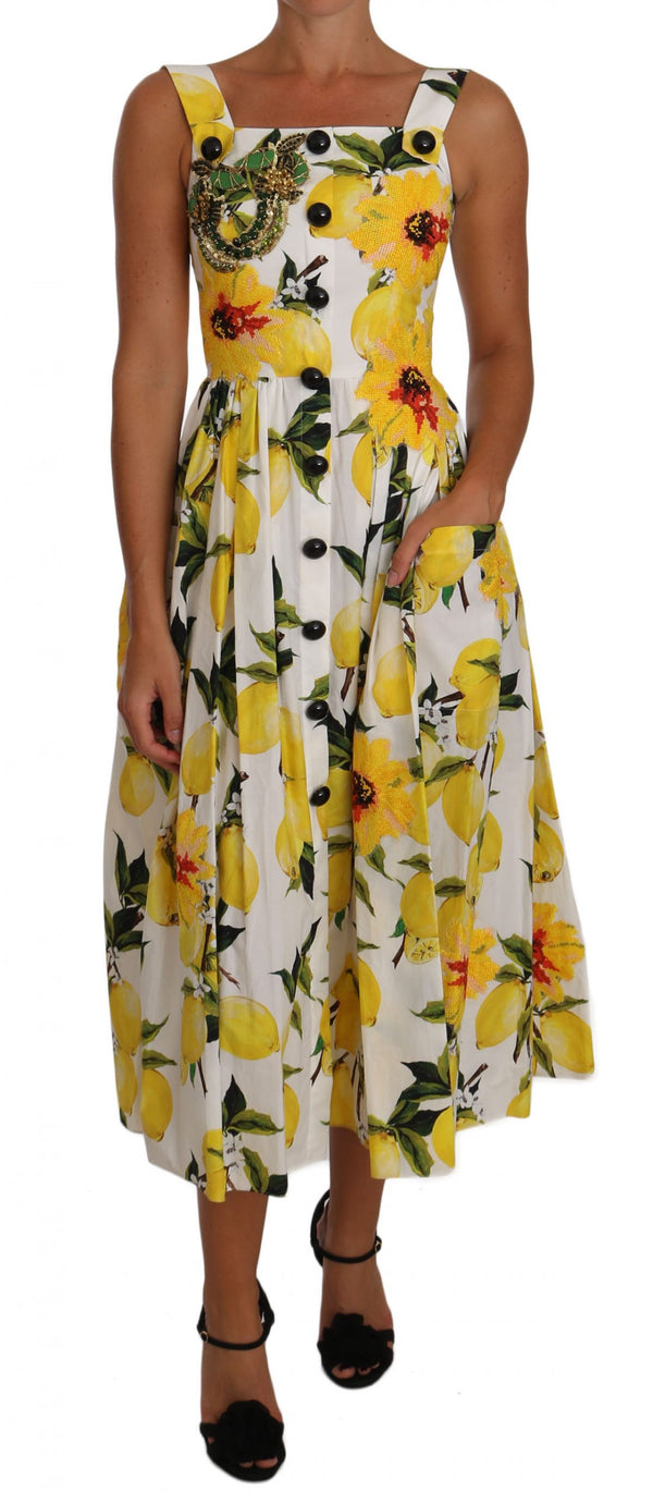 Lemon Print Embellished Floral A-line Dress