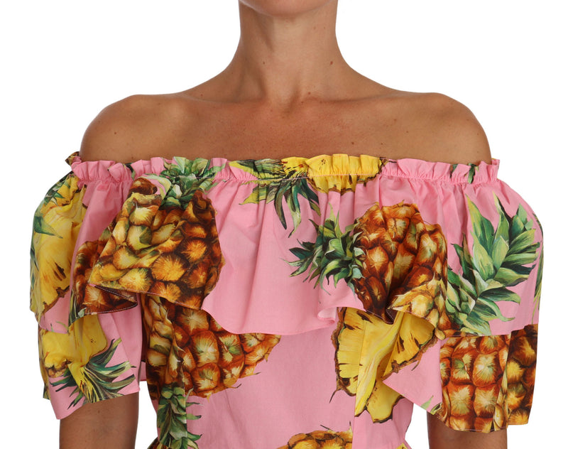 Pineapple-Print Poplin Off-the-Shoulder Dress