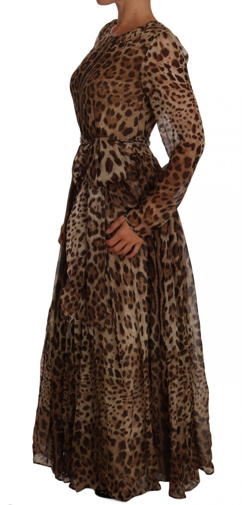 Brown Leopard Silk Full Gown Maxi Dress
