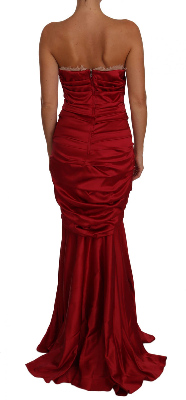 Red Ruched Satin Meraid Maxi Dress
