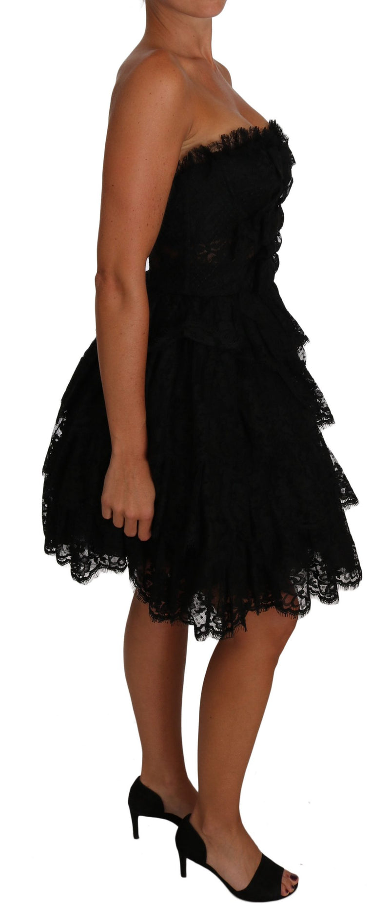 Black Floral Lace Ball Mini Ruffle Dress