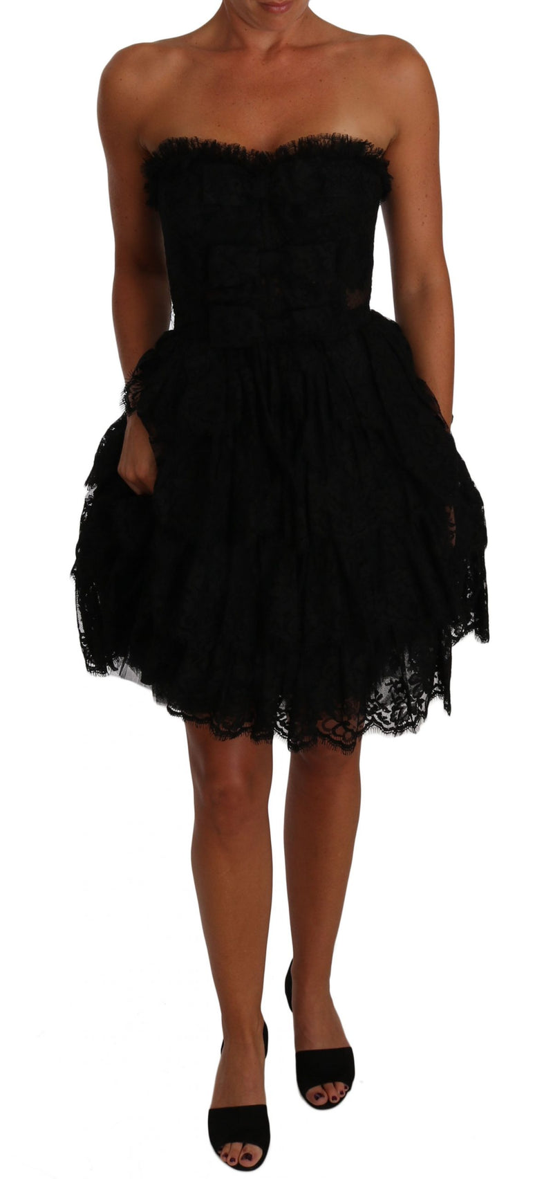 Black Floral Lace Ball Mini Ruffle Dress Black Floral Lace Ball Mini Ruffle Dress