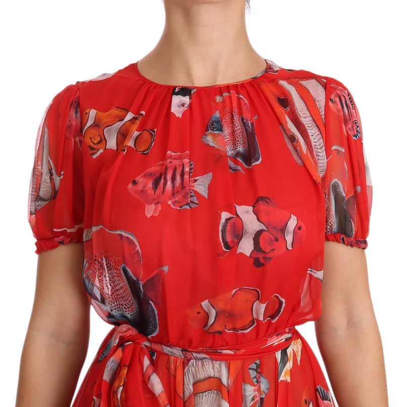 Red Silk Fish A-Line Shift Gown Dress
