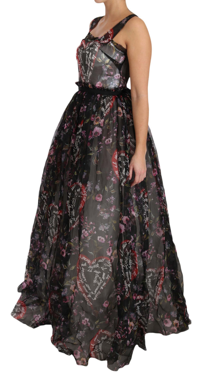 Black Silk Floral Heart A-Line Dress