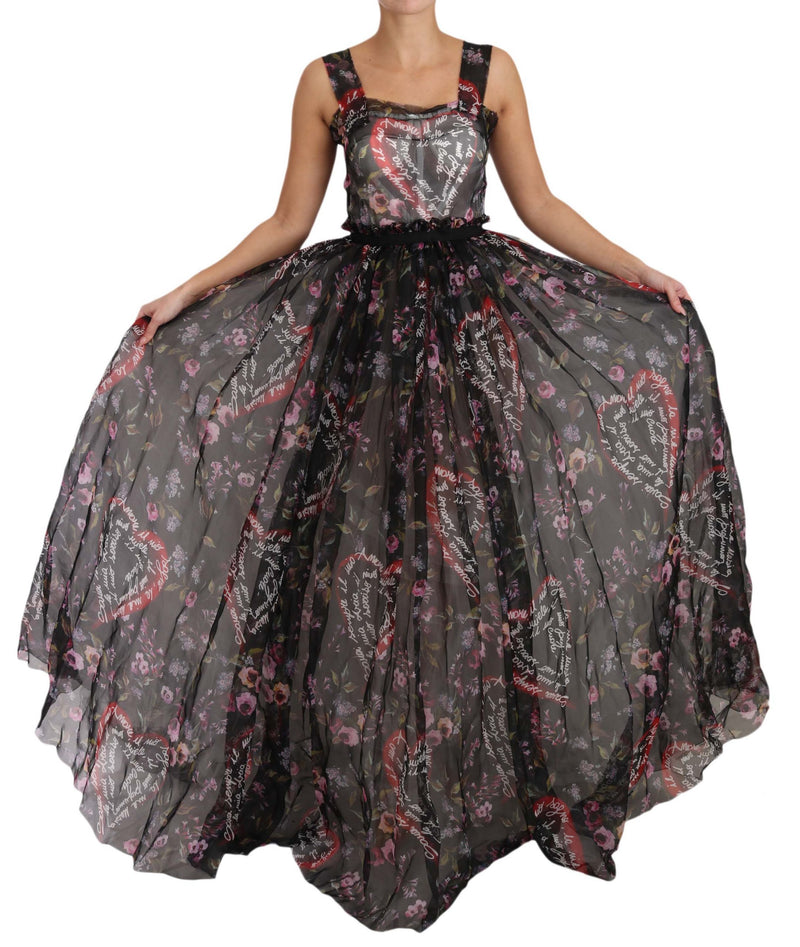 Black Silk Floral Heart A-Line Dress