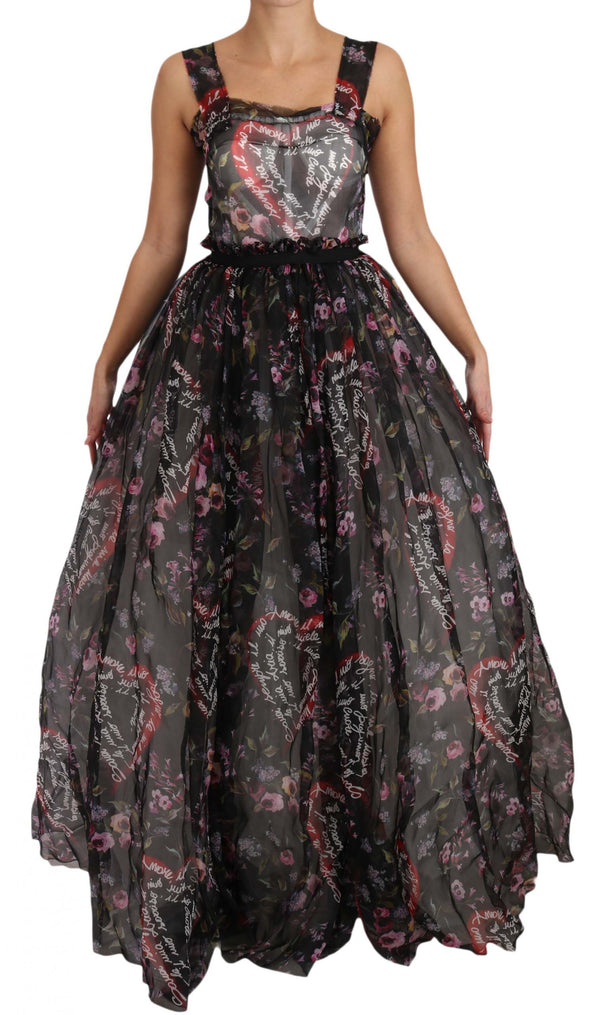 Black Silk Floral Heart A-Line Dress