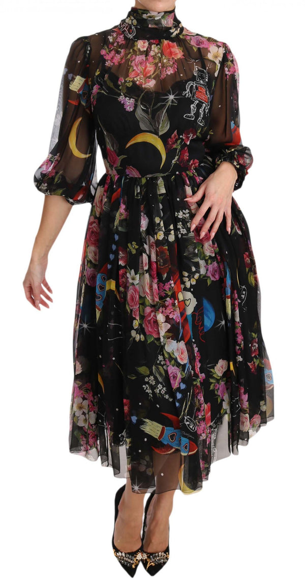 Black Silk Floral Robot Shift Dress