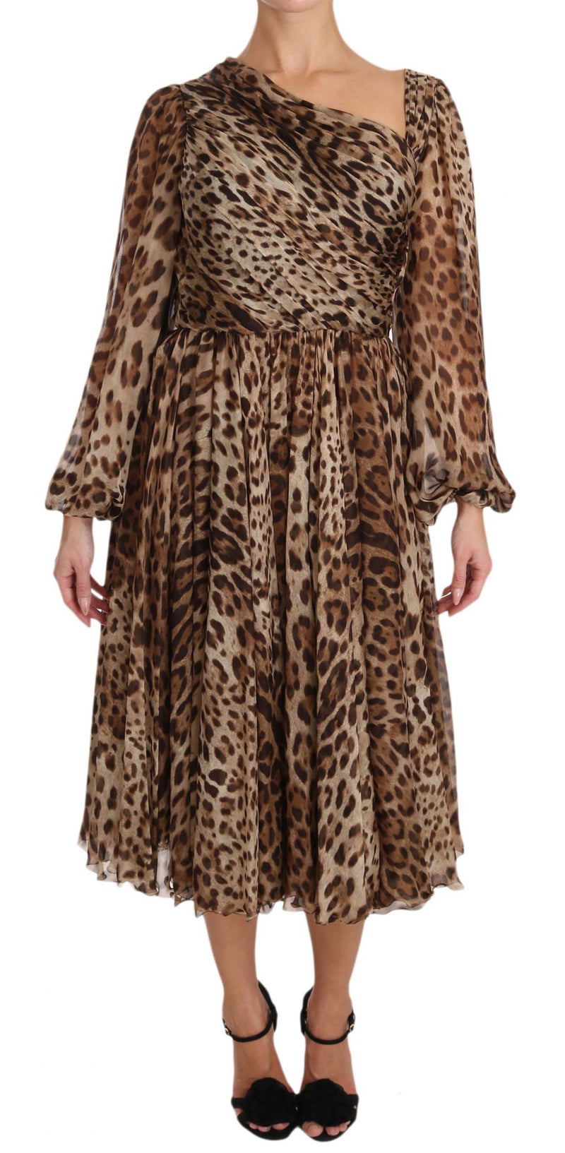 Brown Leopard Silk Wrap A-Line Dress