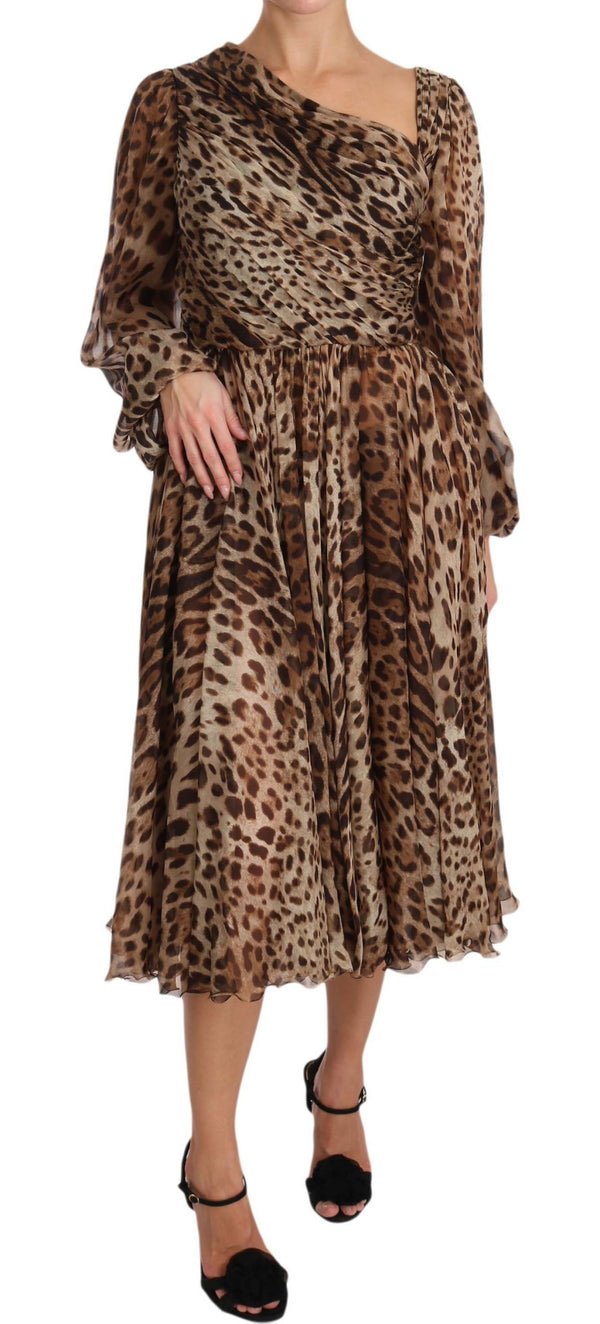 Brown Leopard Silk Wrap A-Line Dress