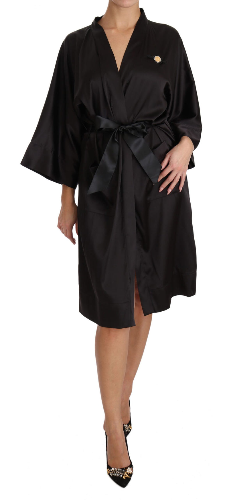 Black Kimono Gown Silk Dressing Robe