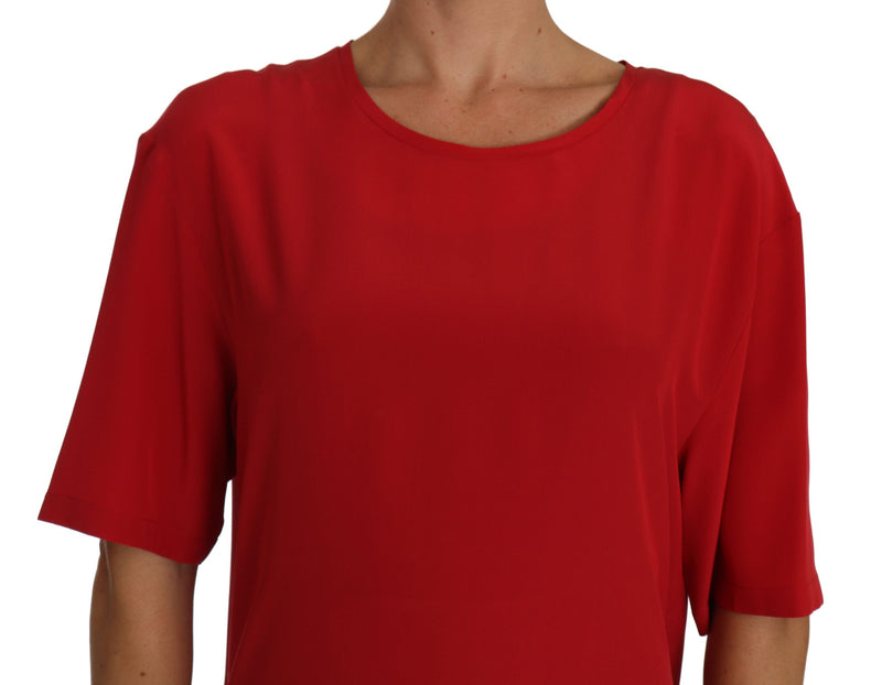 Red Silk Blouse Solid Short Sleeved Top