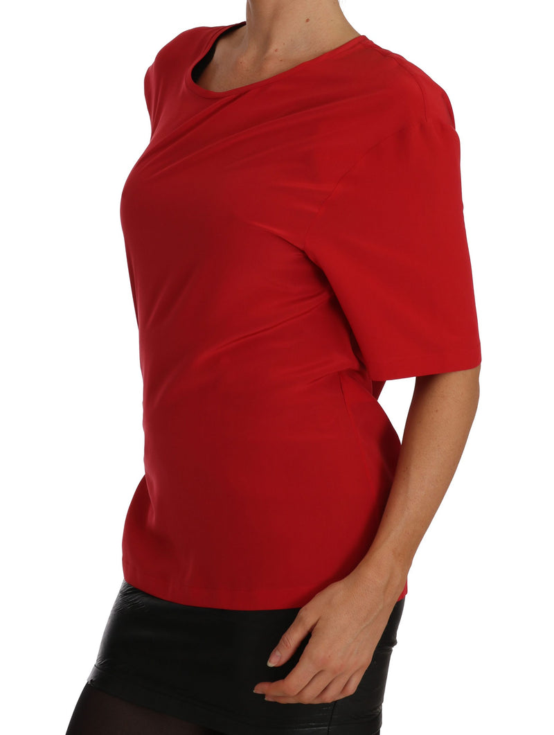 Red Silk Blouse Solid Short Sleeved Top