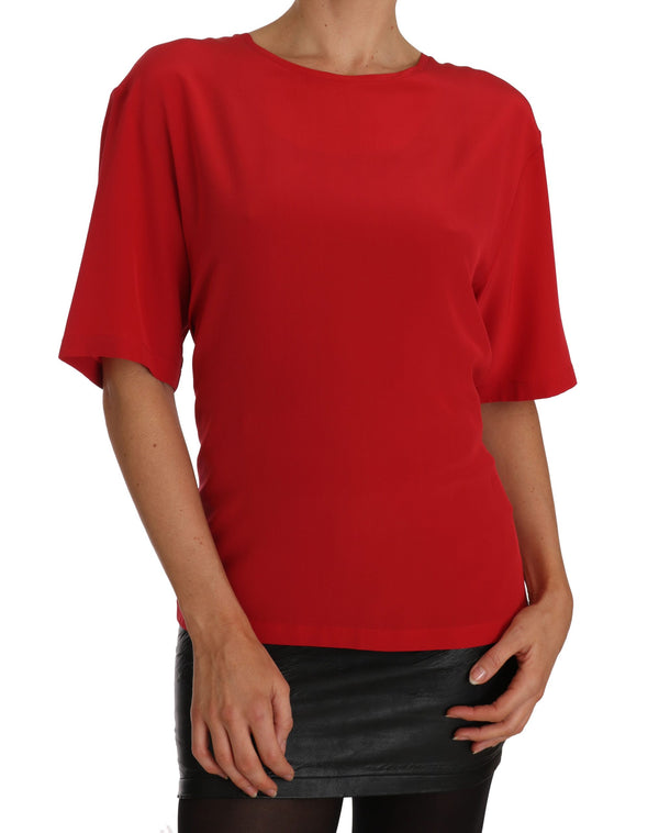Red Silk Blouse Solid Short Sleeved Top
