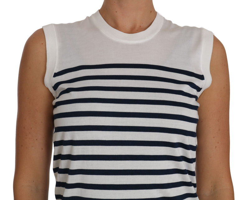 White Blue Knit Top Striped Silk T-Shirt