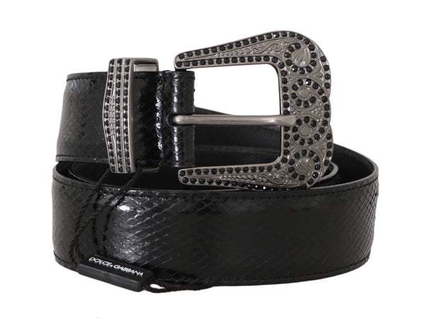 Black Leather Crystal Buckle Mens Belt