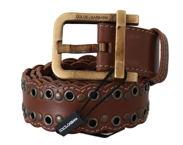 Brown Leather Studded Gold Buckle Belt