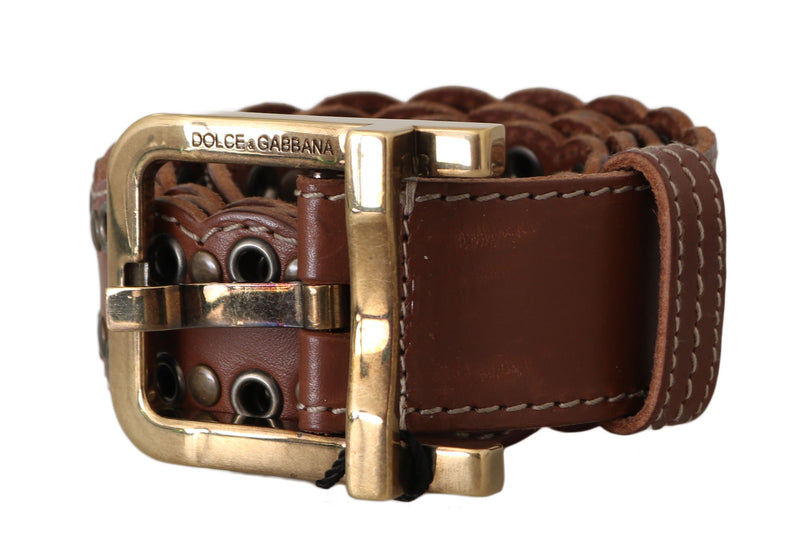 Brown Leather Studded Gold Buckle Belt