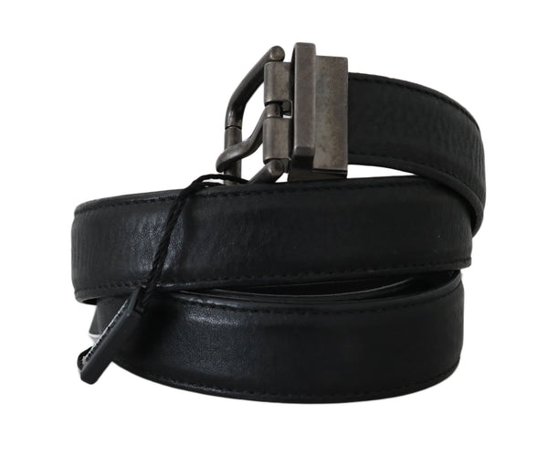 Black Leather Brushed Metal Buckle Belt