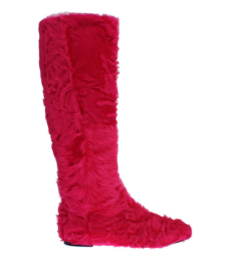 Pink Lamb Fur Leather Flat Boots