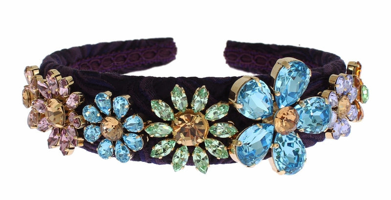 Purple Blue Brocade Gold Crystal Floral Headband Hair Diadem