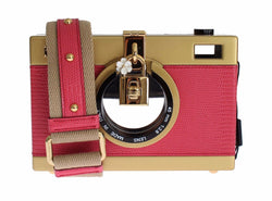 Camera Case Pink Leather Gold Shoulder Bag Clutch