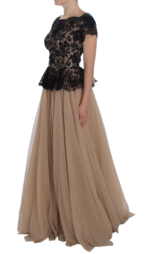 Beige Black Floral Dress Ball Maxi Dress