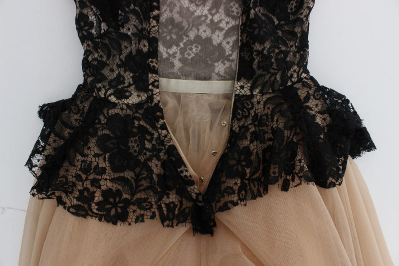 Beige Black Floral Dress Ball Maxi Dress