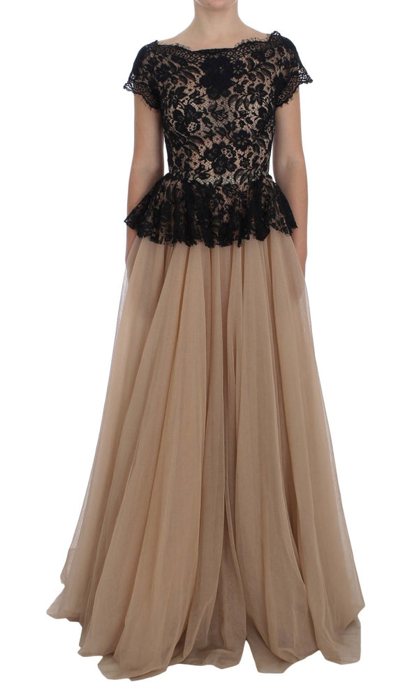 Beige Black Floral Dress Ball Maxi Dress