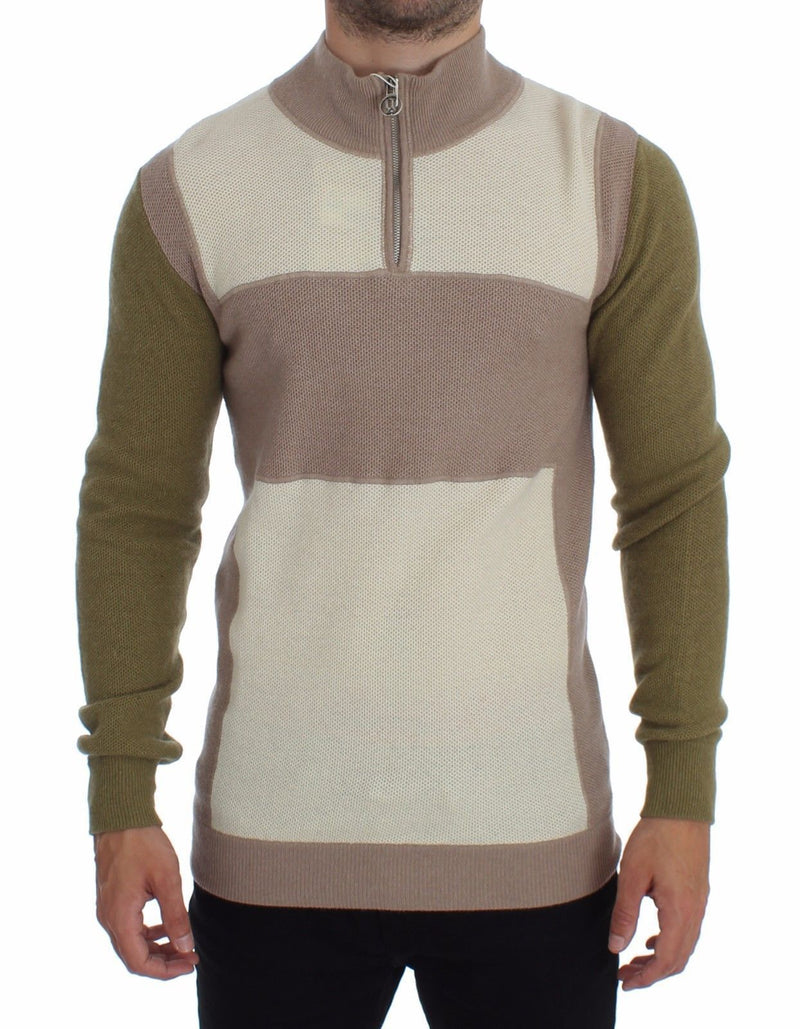 Beige Green Wool Blend Zipper Cardigan Sweater