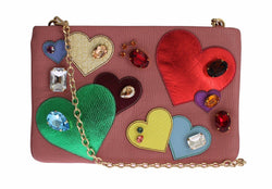 Pink Leather Multicolor Heart Crystal Clutch