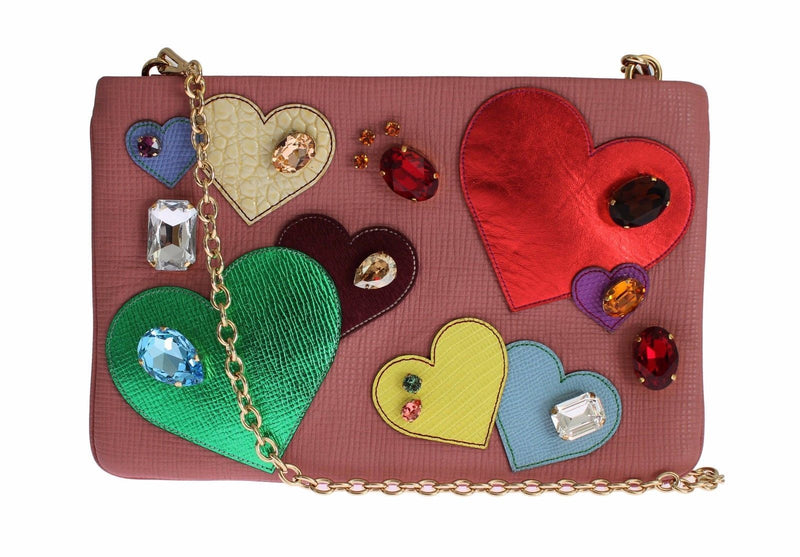 Pink Leather Multicolor Heart Crystal Clutch