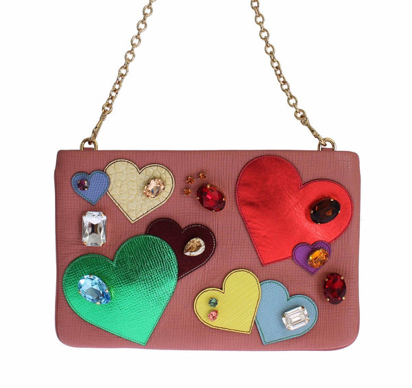 Pink Leather Multicolor Heart Crystal Clutch