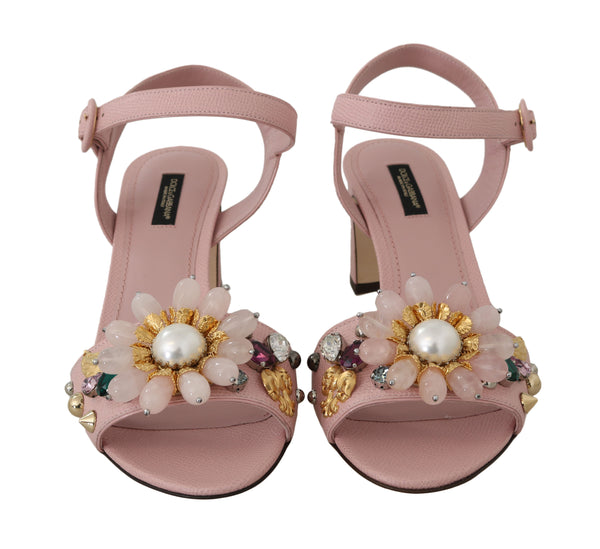 Pink Leather Crystal Studded Sandals