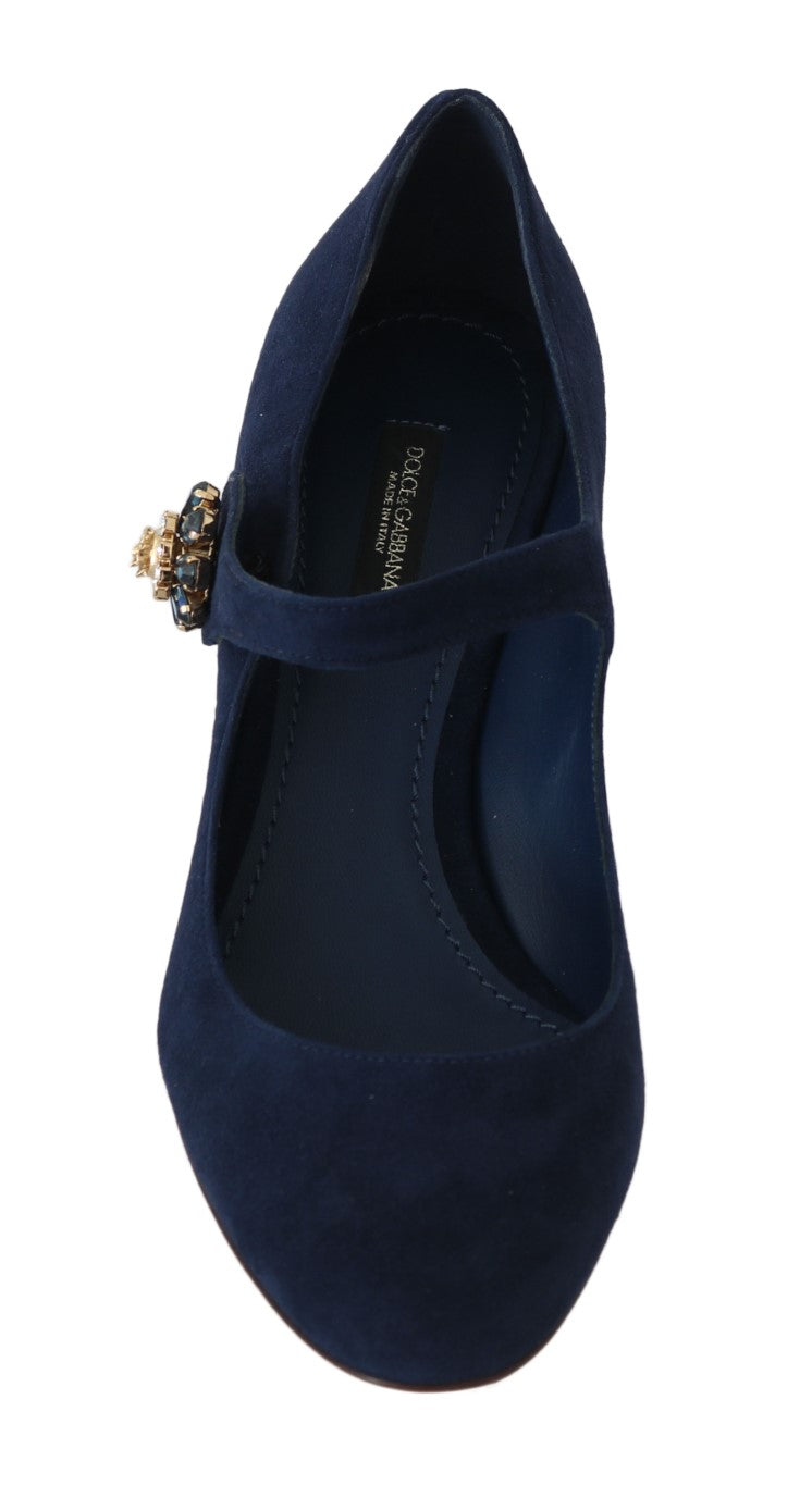 Blue Suede Crystal Mary Janes Pumps