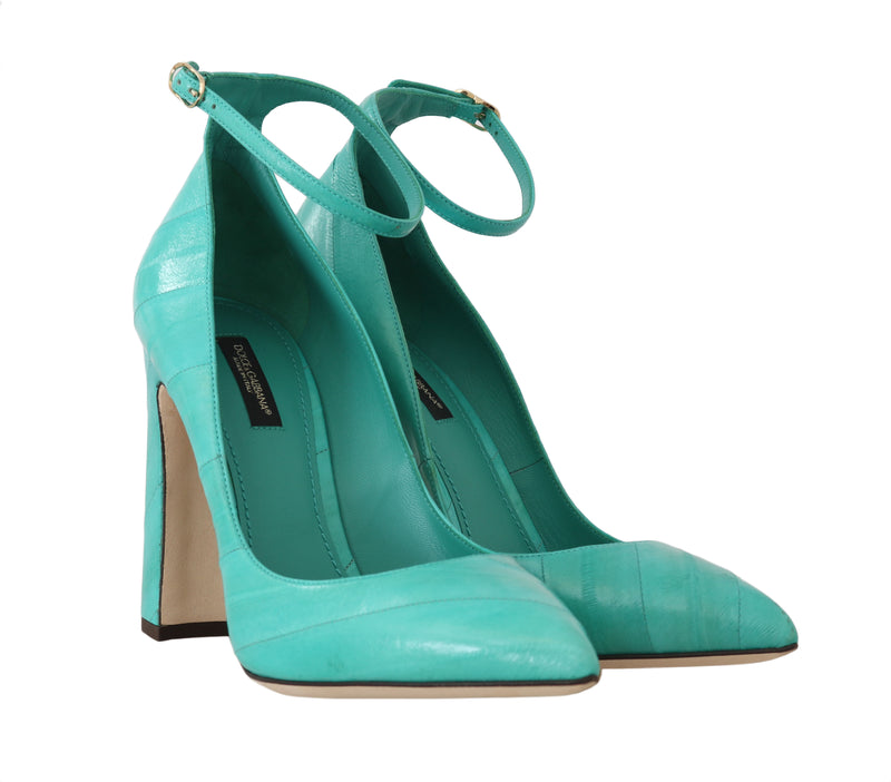 Blue Eel Skin Ankle Strap Pumps