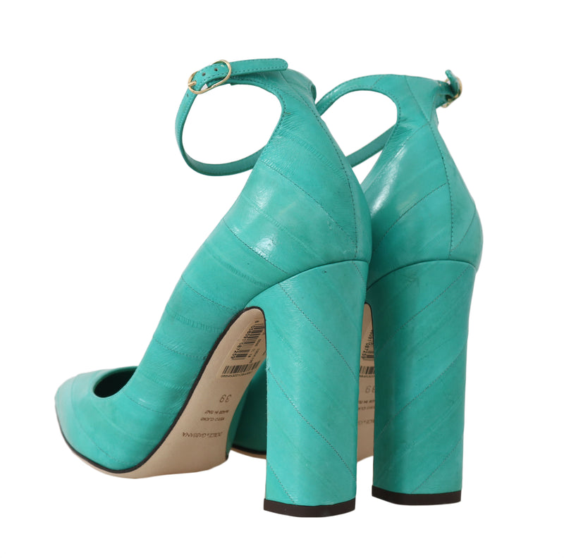 Blue Eel Skin Ankle Strap Pumps