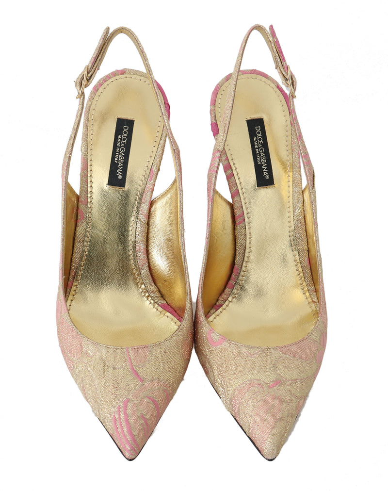 Gold Pink Brocade Slingbacks Heels