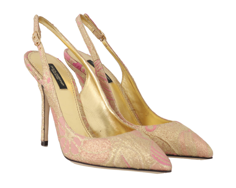 Gold Pink Brocade Slingbacks Heels