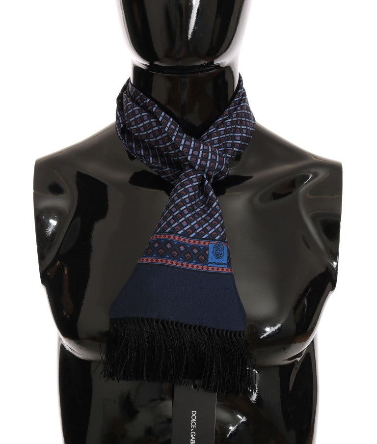 Blue Red Silk Patterned Scarf
