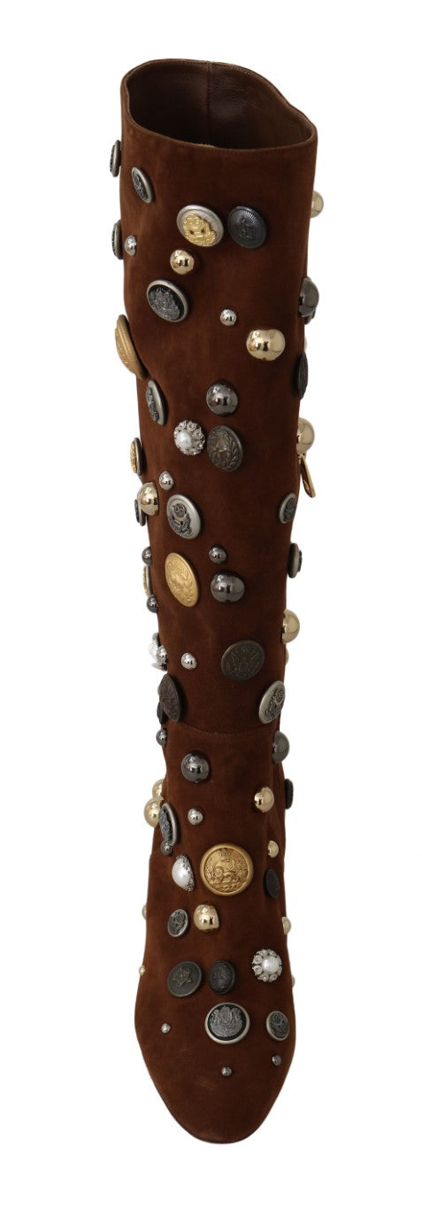 Brown Suede Crystal Button Boots