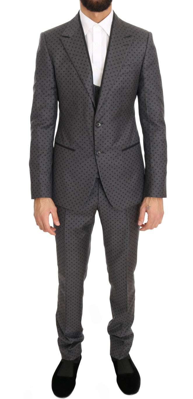 Gray Polka Dotted Slim Fit 3 Piece Suit