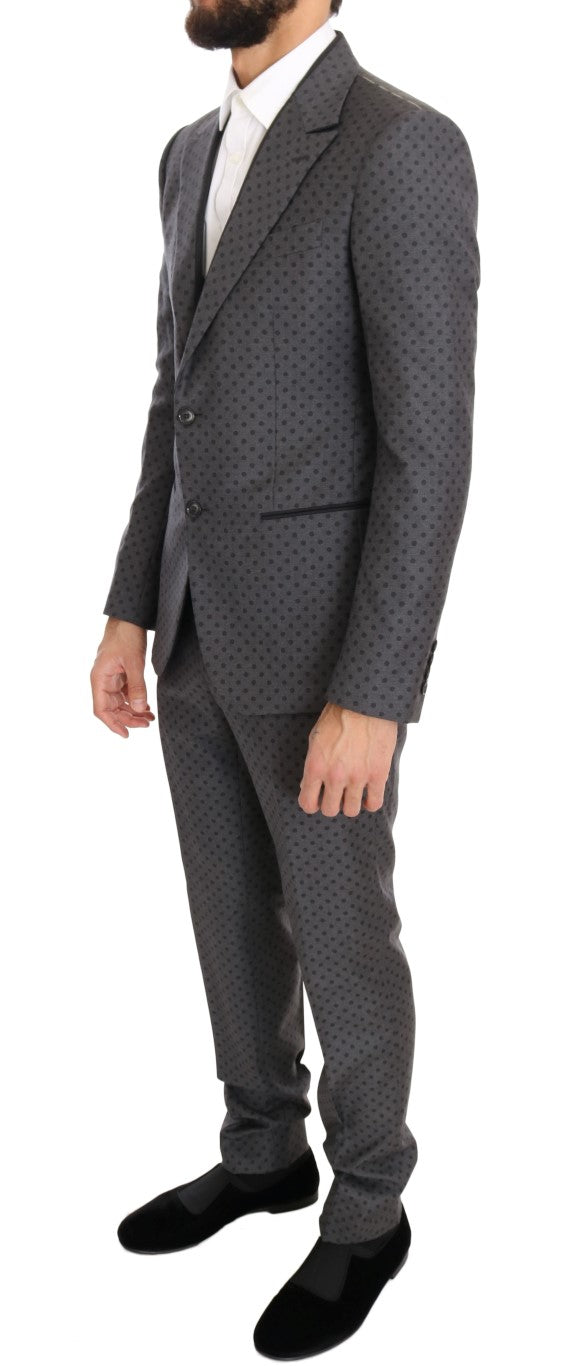 Gray Polka Dotted Slim Fit 3 Piece Suit