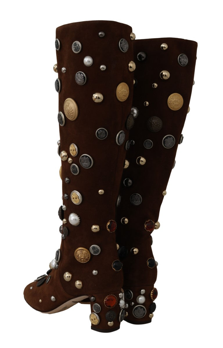 Brown Suede Crystal Button Boots