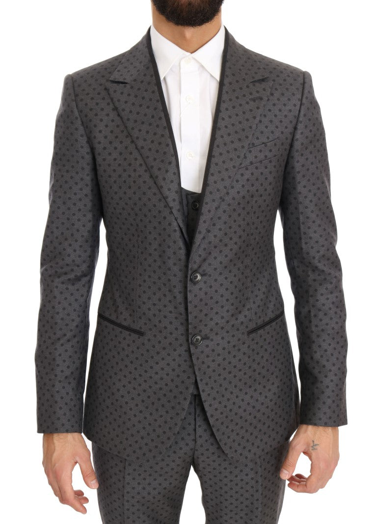 Gray Polka Dotted Slim Fit 3 Piece Suit