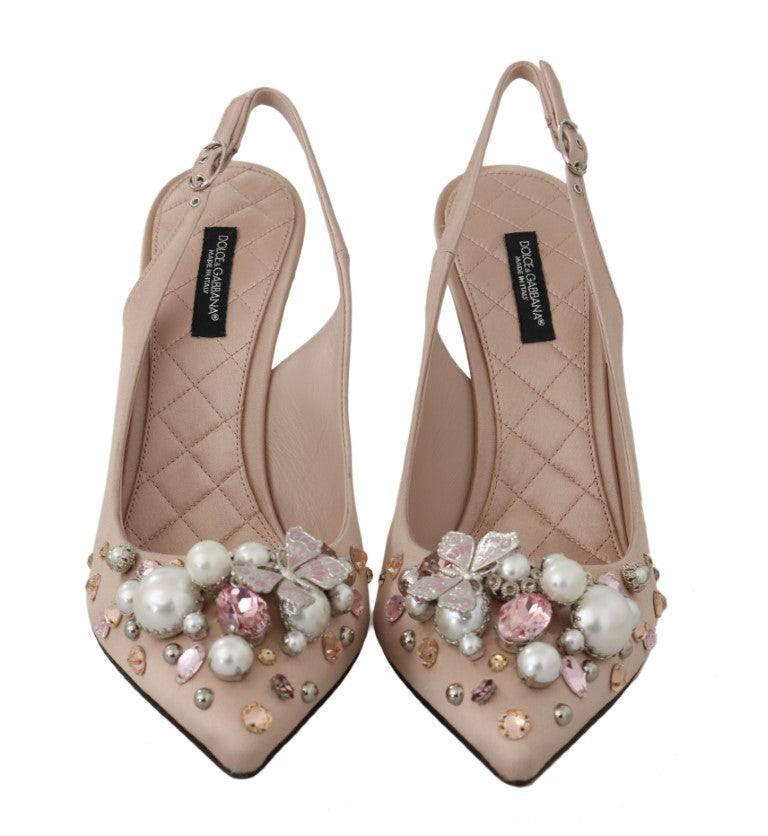 Beige Silk Butterfly Crystal Slingback Shoes