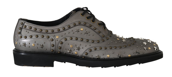 Gray Leather Laceups Wing Tip Studded Shoes